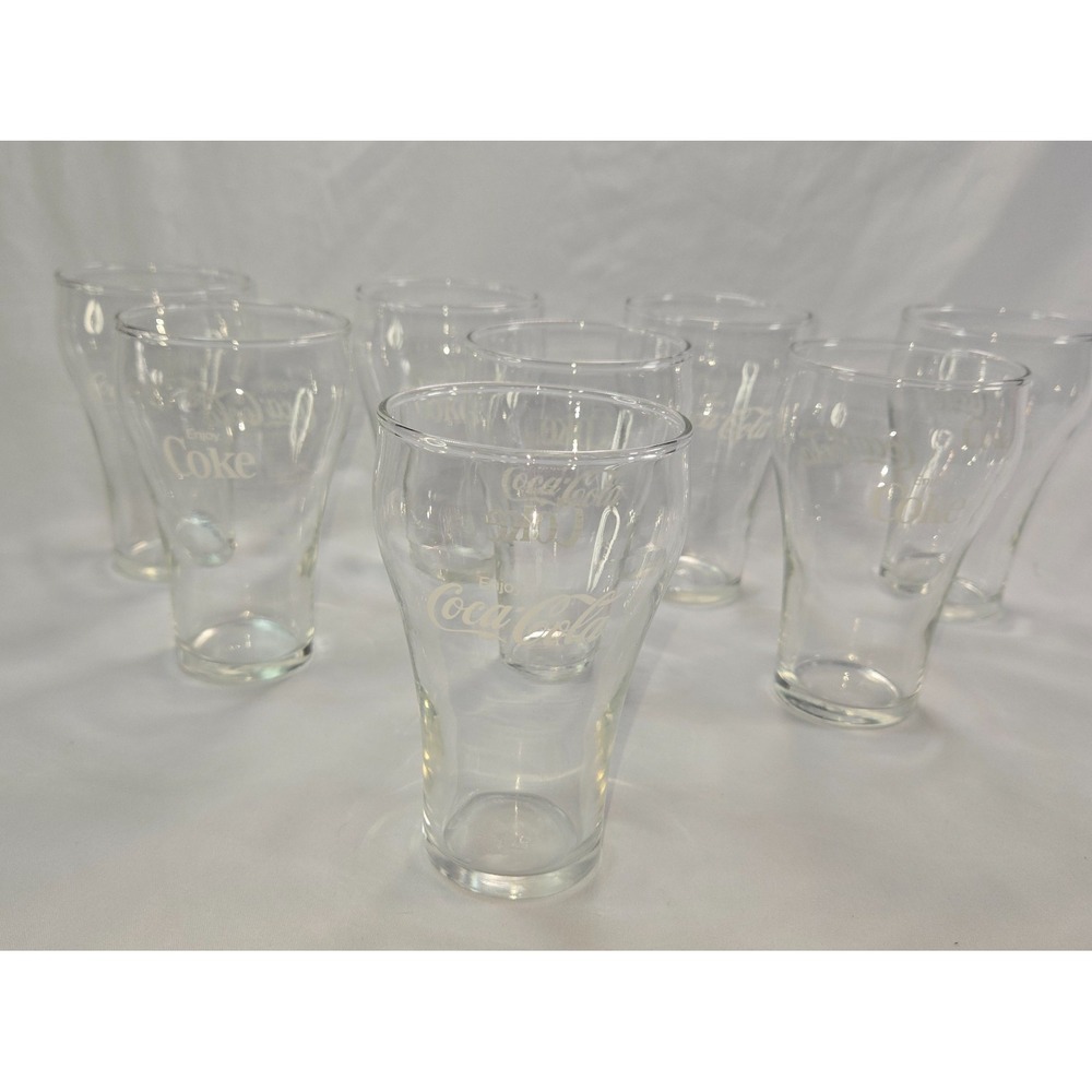 Coca Cola Bell Shaped Glass Set of 8 "Enjoy Coke" Letters 6 oz 4" 1970s #2 Mark